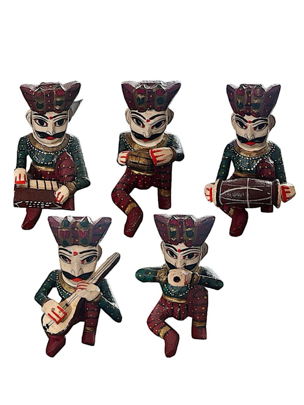 Wooden Sitting Musicians 5 pc Indian Bawla Statues Handcrafted Folk Art Deco